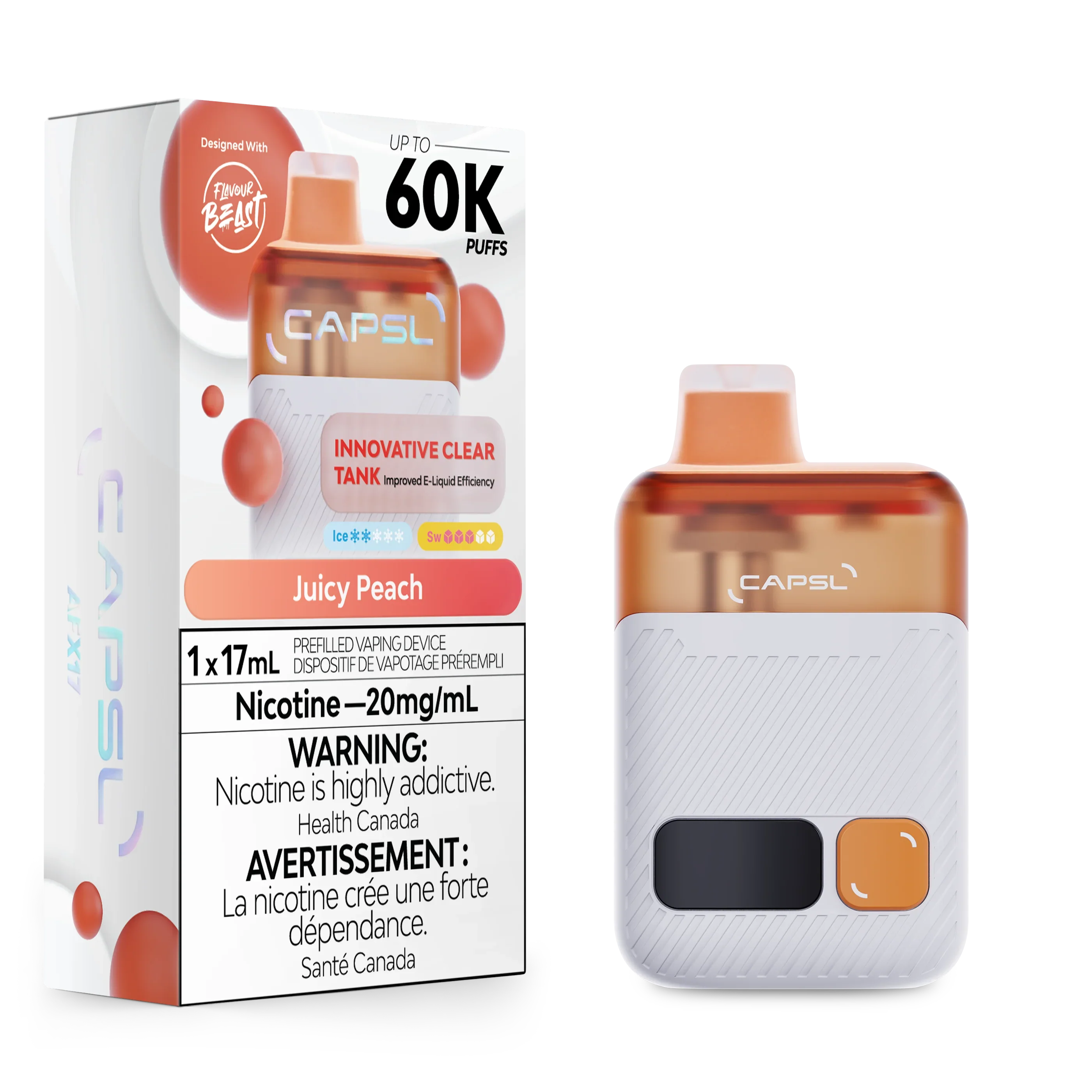 disposable vape that taste like marlboro lights CAPSL 60K Juicy Peach Disposable Vape, 17mL