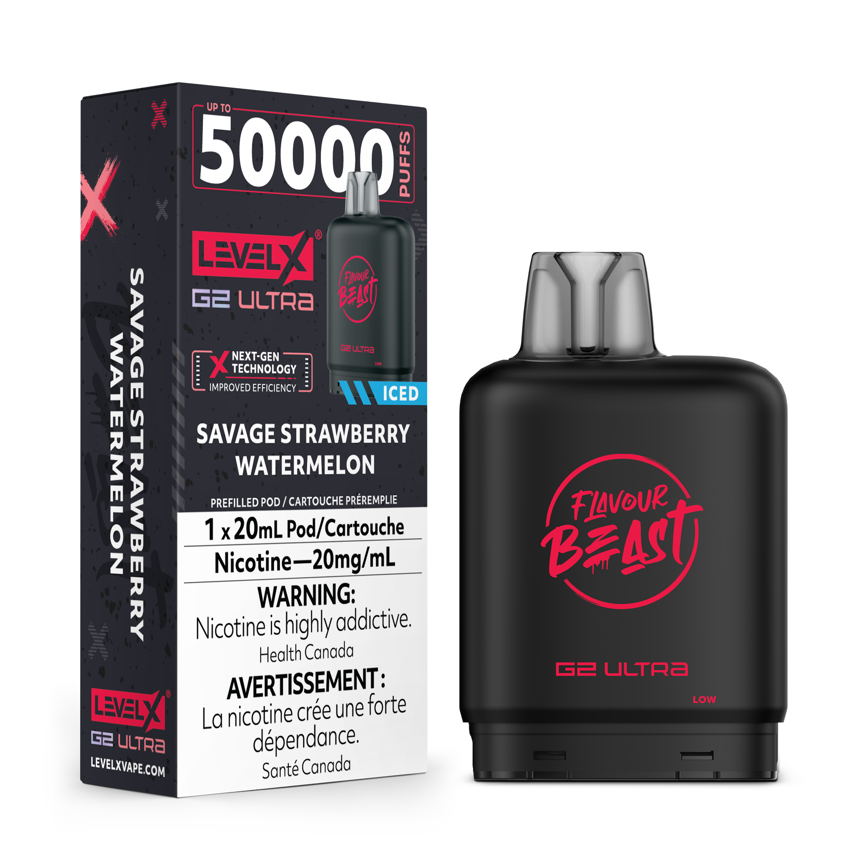 Level X G2 Ultra 50K Savage Strawberry Watermelon Ice Vape Pod, 20mL