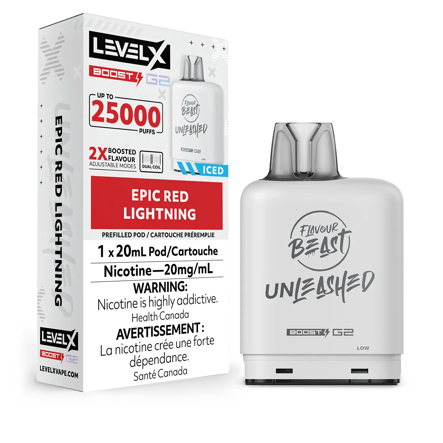Level X Boost G2 25K Unleashed Epic Red Lightning Vape Pod, 20mL - Vapor Shoppe Level X Boost G2 25K Unleashed Epic Red Lightning Vape Pod, 20mL - Vapor Shoppe