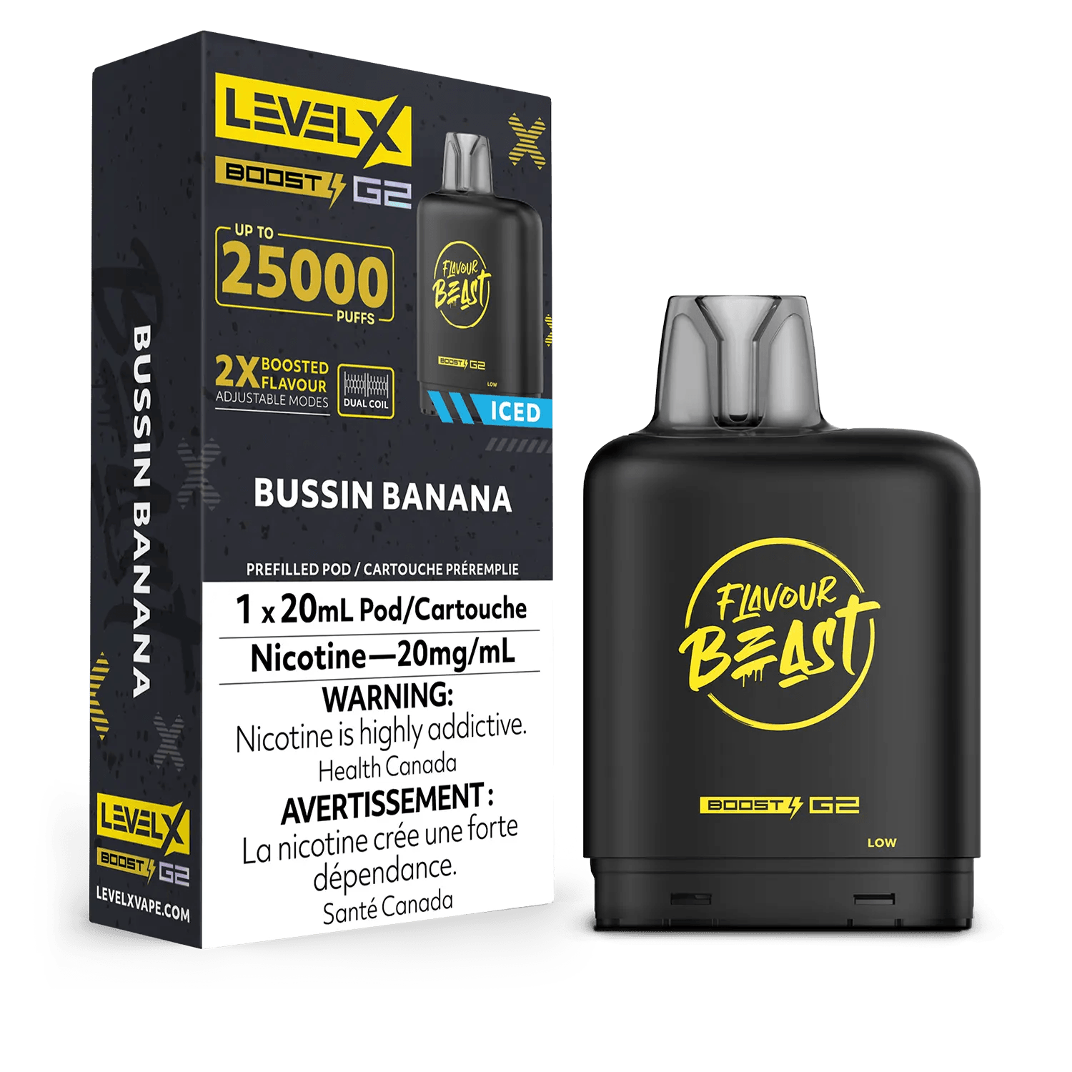 Level X Boost G2 25K Flavour Beast Bussin Banana Iced Vape Pod, 20mL - Vapor Shoppe Level X Boost G2 25K Flavour Beast Bussin Banana Iced Vape Pod, 20mL - Vapor Shoppe