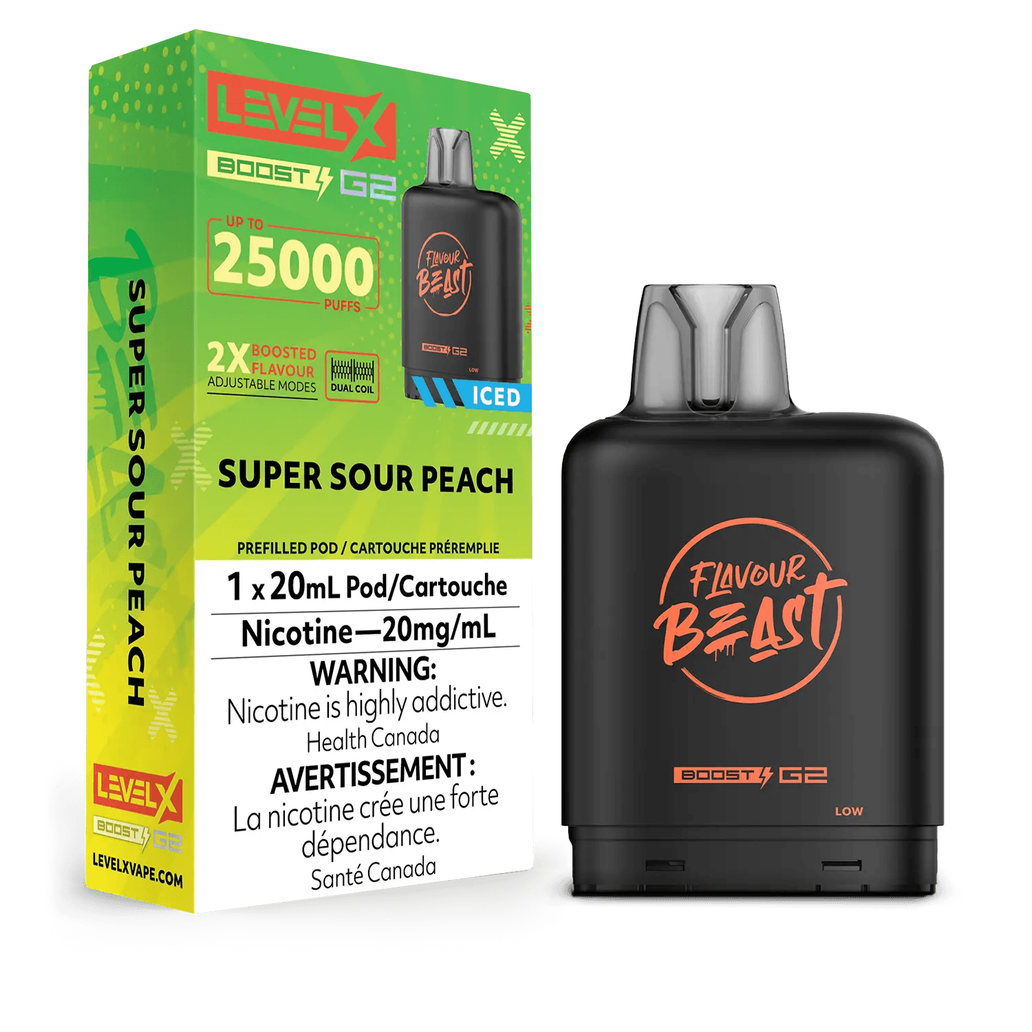 Level X Boost G2 25K Flavour Beast Super Sour Peach Iced Vape Pod, 20mL - Vapor Shoppe Level X Boost G2 25K Flavour Beast Super Sour Peach Iced Vape Pod, 20mL - Vapor Shoppe