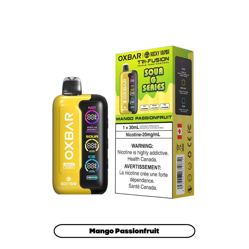 Oxbar Tri Fusion Sour Mango Passionfruit Sour G Disposable Vape, 30mL - Vapor Shoppe Oxbar Tri Fusion Sour Mango Passionfruit Sour G Disposable Vape, 30mL - Vapor Shoppe