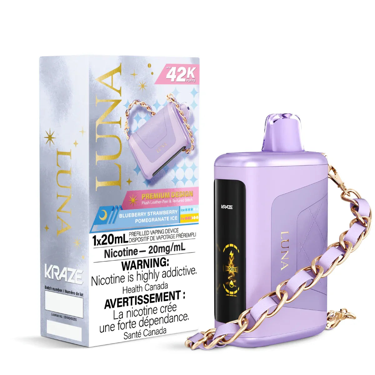 Kraze LUNA 42K Blueberry Strawberry Pomegranate Ice Disposable Vape, 20mL