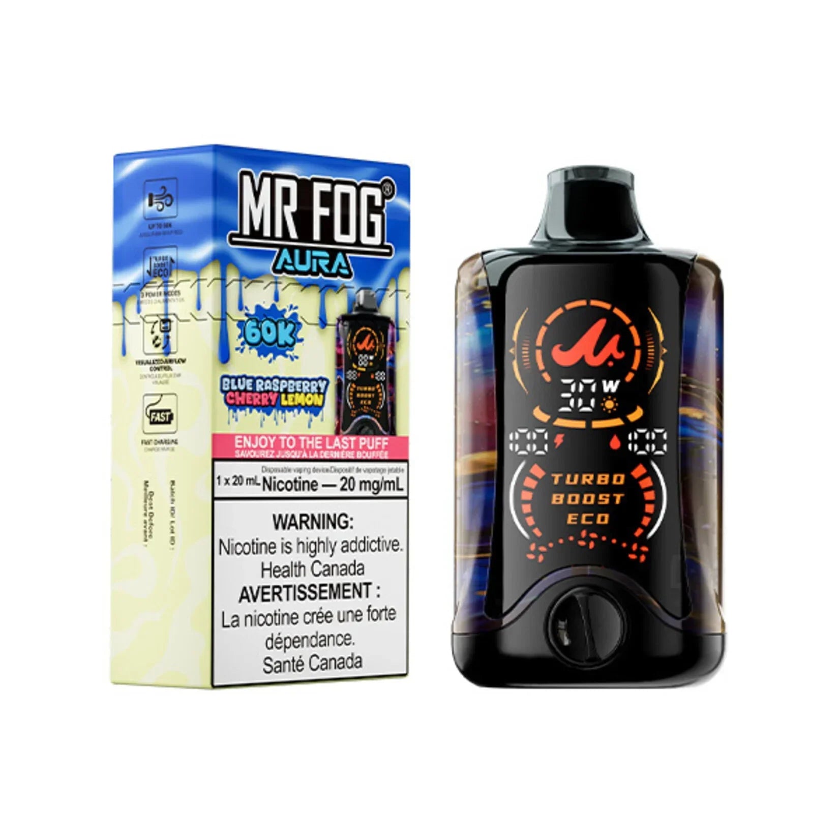 Mr Fog AURA 60K Zero Nic Blue Raspberry Cherry Lemon Disposable Vape, 20mL - Vapor Shoppe Mr Fog AURA 60K Zero Nic Blue Raspberry Cherry Lemon Disposable Vape, 20mL - Vapor Shoppe