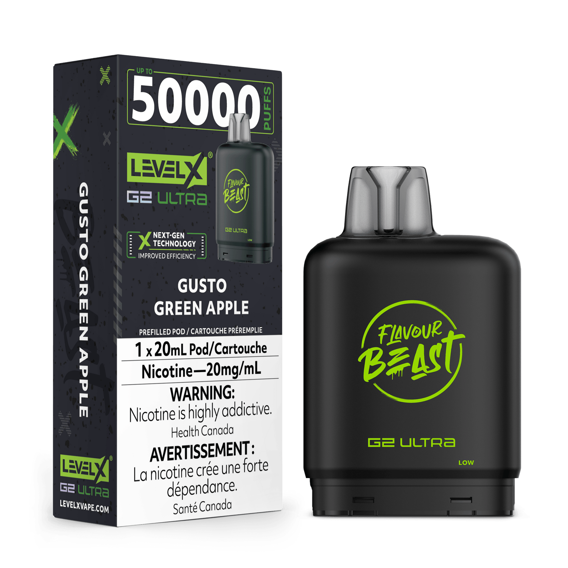 x vape ultra pods Level X G2 Ultra 50K Gusto Green Apple Vape Pod, 20mL