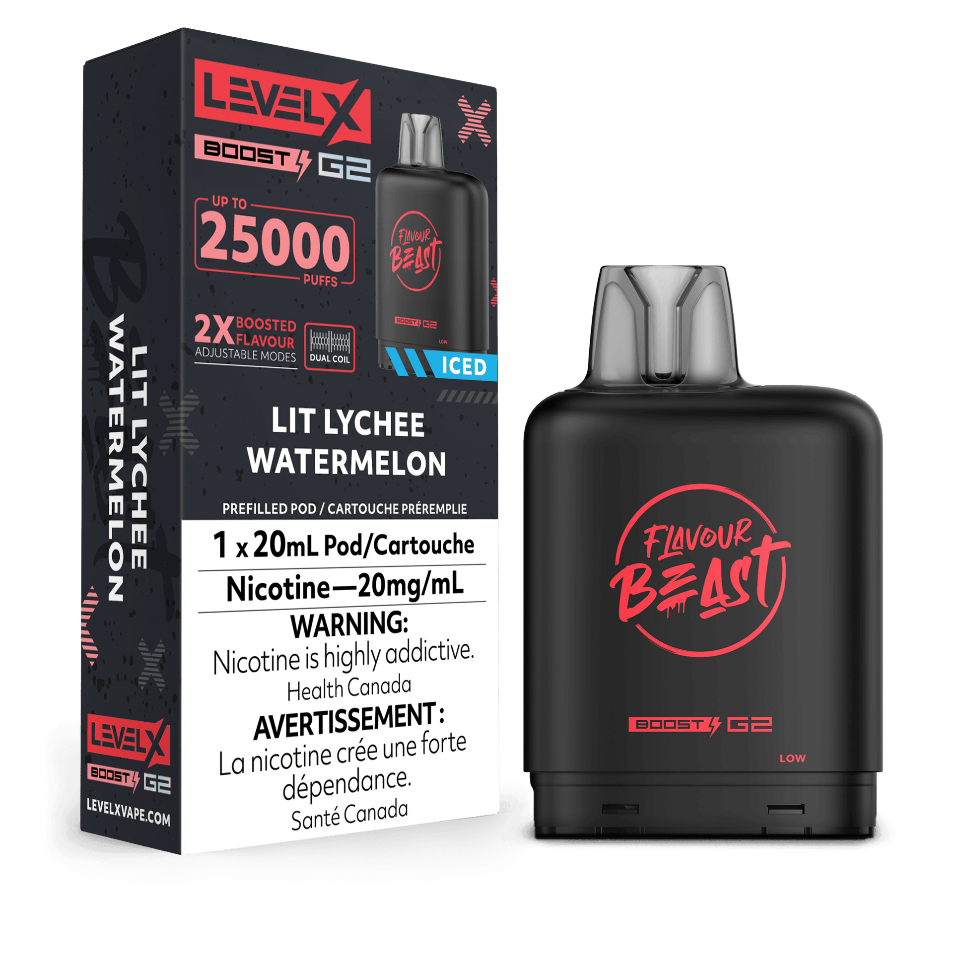 Level X Boost G2 25K Flavour Beast Lit Lychee Watermelon Vape Pod, 20mL - Vapor Shoppe Level X Boost G2 25K Flavour Beast Lit Lychee Watermelon Vape Pod, 20mL - Vapor Shoppe