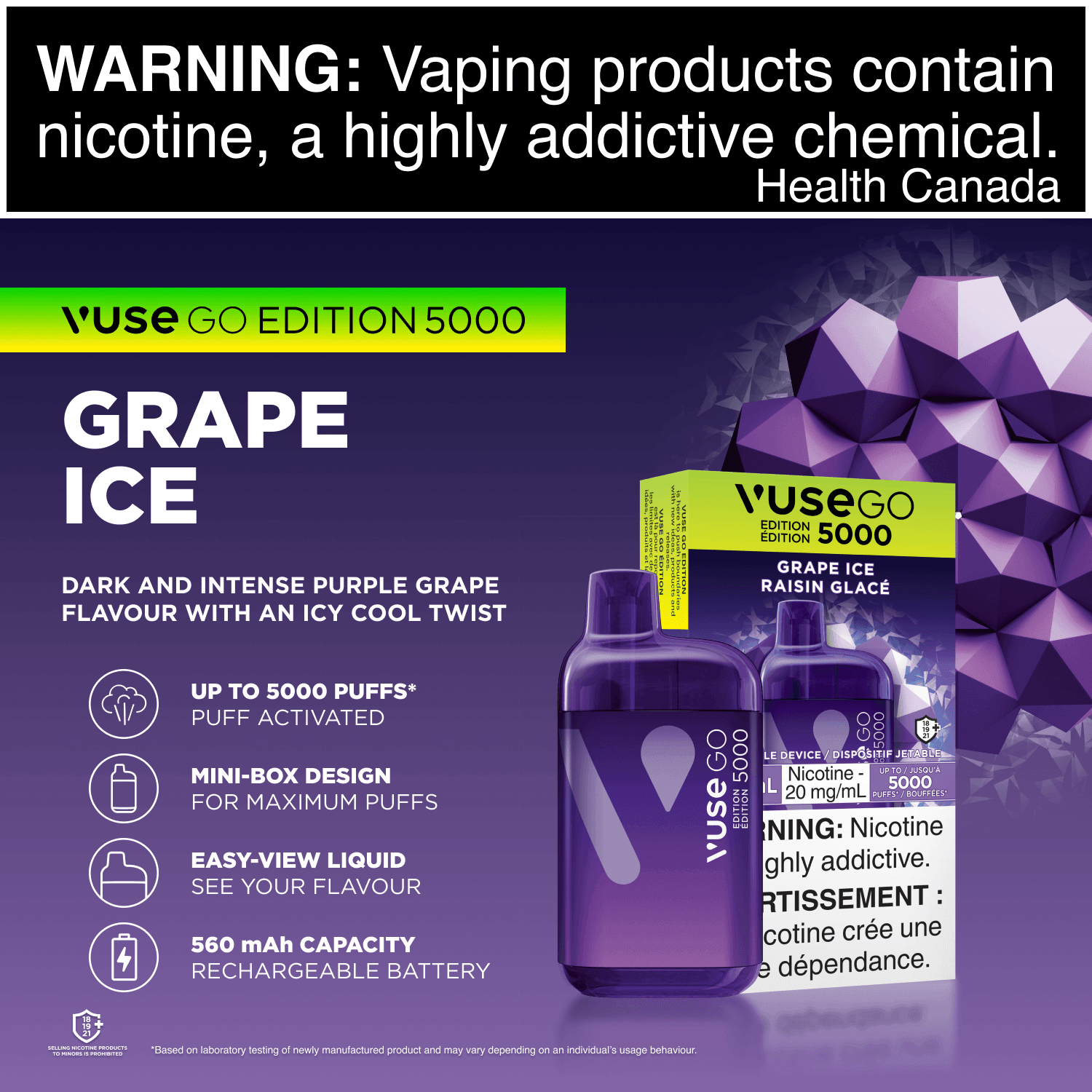 Vuse GO 5000 Grape Ice Disposable Vape, 10mL